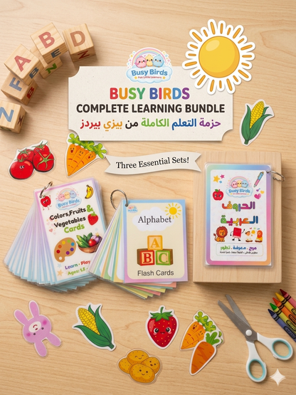 Busy Birds Bundle Flash Cards(Educational+Arabic letters+English letters)